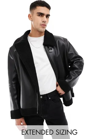 ASOS Chaqueta de aviador negra de cuero sintético con forro de borreguito de