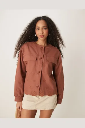 ASOS Chaqueta color sin solapas con bordado inglés de sarga de -Marrón