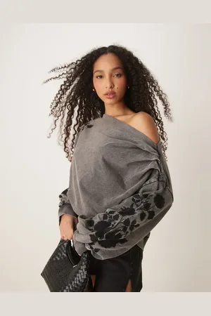 ASOS Sudadera negro lavado con escote Bardot y detalle bordado de -Multicolor
