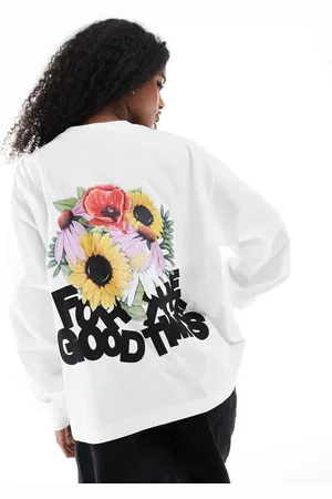 Dr Denim Camiseta extragrande de manga larga con estampado gráfico en la espalda de flores de