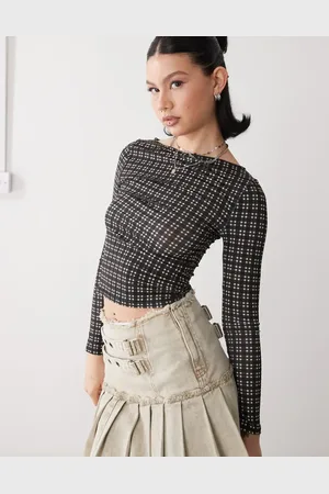 Reclaimed Top de manga larga con cuello barco y estampado de cuadros pequeños de -Negro