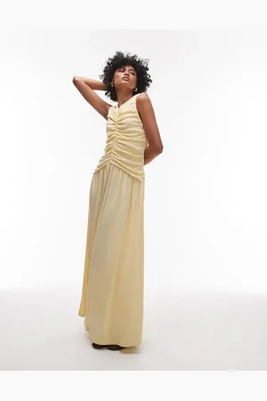 Topshop Vestido largo amarillo pastel fruncido con cintura baja de