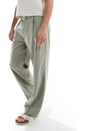 ASOS Pantalones de vestir de pernera ancha con pinzas delanteras de mezcla de lino de