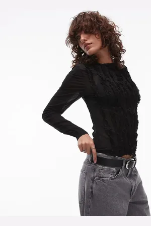 Topshop Top de manga larga con volante de tejido transparente de