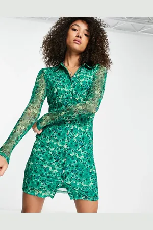 ONLY Vestido camisero verde con estampado floral de malla de