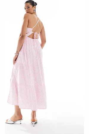 Hollister Vestido largo rosa con espalda descubierta, abertura hasta el muslo y estampado de florecitas de