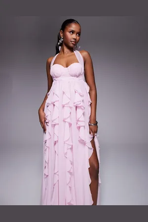 ASOS Vestido largo con volantes efecto cascada y cuello halter de -Morado