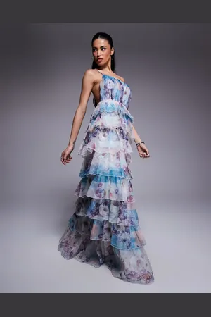 ASOS Vestido largo asimétrico con estampado floral y volantes de organza de -Multicolor