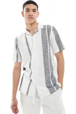 Only & Sons Camisa a rayas azul marino con cuello de solapas de mezcla de lino de