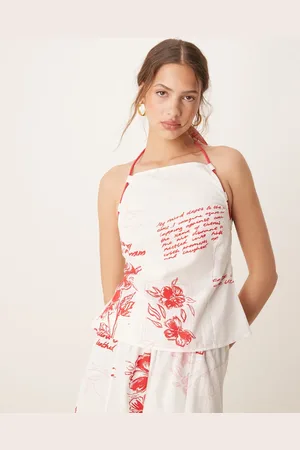 ASOS Top de tirantes con estampado floral rojo, cuello halter y cuerda anudada de (parte de un conjunto)-Multicolor