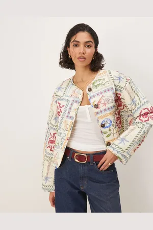 ASOS Chaqueta corta guateada sin solapas con estampado de postales de -Multicolor