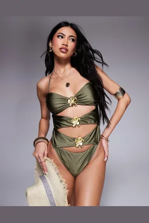 Candypants Trikini oliva con detalle de flores doradas de metal de