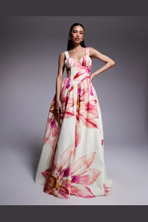 ASOS Vestido largo con estampado floral extragrande de satén de algodón premium de -Blanco