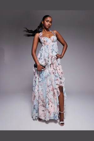 ASOS Vestido largo con cuello halter, estampado floral y volantes efecto cascada de encaje de -Verde