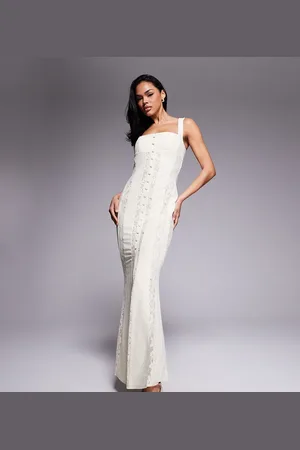 Murci Vestido largo color con escote cuadrado y panel de encaje transparente exclusivo de -Blanco