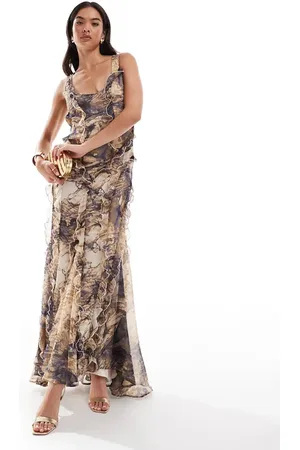 ASOS Vestido largo con estampado marmolado, cuello ancho y volantes de
