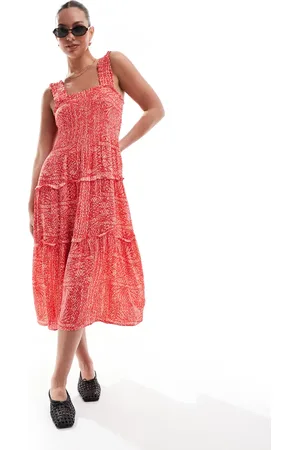VERO MODA Vestido midi rojo estampado fruncido de tirantes de