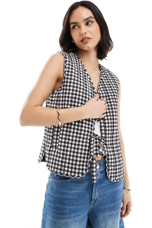 New Look Chaleco negro a cuadros vichy acolchado de