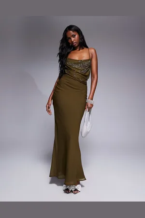 ASOS Vestido largo de corte al bies con tirantes finos, cuerpo drapeado y abalorios de -Verde