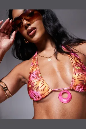 Candypants Top de bikini con cuello halter, estampado abstracto y detalle de cuentas de
