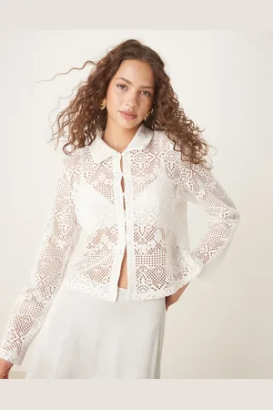 VILA Top color crema con cuello tipo polo y botones en la parte delantera de croché de -Negro