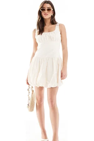 The Frolic Vestido corto color con falda abullonada, cintura baja y pecho fruncido de popelina exclusivo de -Blanco