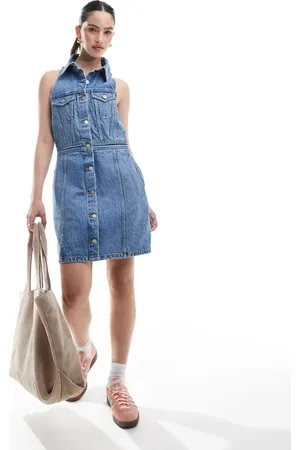 Dr Denim Vestido corto azul sin mangas con lavado medio, botones y solapas Kinsley de