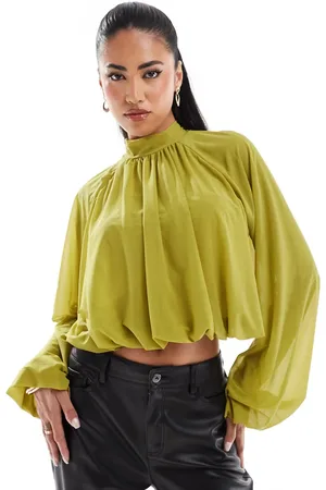 ASOS Blusa amarillo verdoso con cuello alto y mangas voluminosas de malla de -Verde
