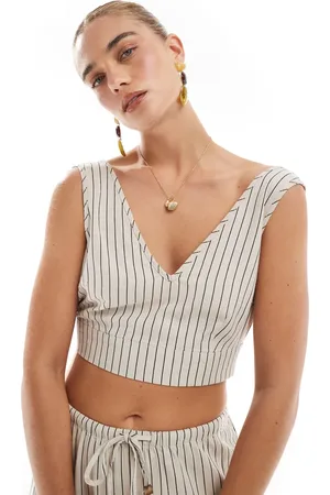 VERO MODA Top corto color piedra a rayas con lazada en la espalda de tejido efecto lino de (parte de un conjunto)-Neutro