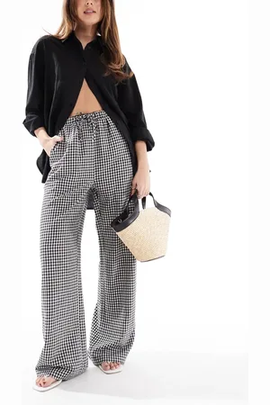 Threadbare Pantalones negros y blancos a cuadros vichy de pernera ancha con lazada en la cintura de