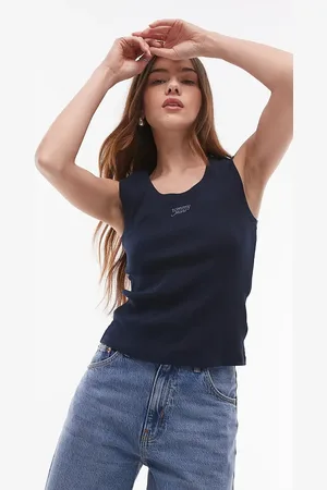 Tommy Hilfiger Top azul marino sin mangas con detalle de texto de canalé de