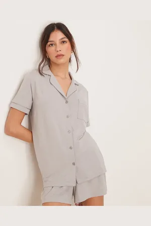 Loungeable Pijama gris jaspeado de pantalones cortos y camisa de manga corta de punto liso de