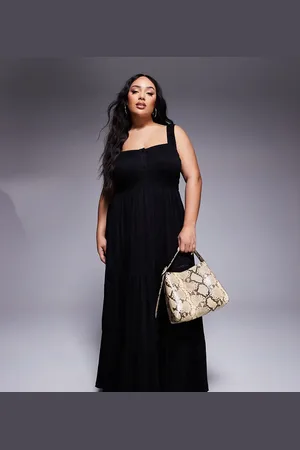 ASOS Vestido largo escalonado y fruncido con escote cuadrado e insertos de encaje de ASOS DESIGN Curve