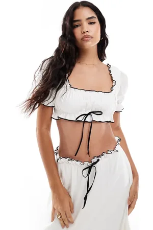ASOS Blusa muy corta color crudo con detalles en contraste de algodón efecto rugoso de (parte de un conjunto)-Blanco
