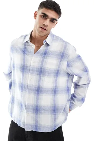 ASOS Camisa azul y blanca de corte cuadrado estándar con bolsillo de parche de mezcla de lino de