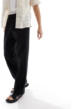 ASOS Pantalones de vestir negros de pernera ancha con pinzas delanteras de mezcla de lino de