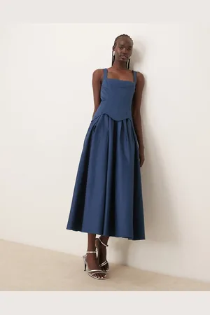 ASOS Vestido vaquero midi azul oscuro estructurado con diseño estilo corsé y falda de corte amplio de