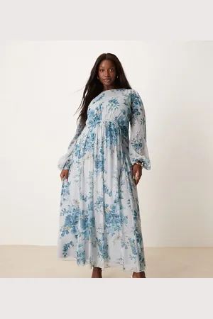 ASOS Vestido largo azul con y detalle de pliegues de plumeti de ASOS DESIGN Curve-Multicolor