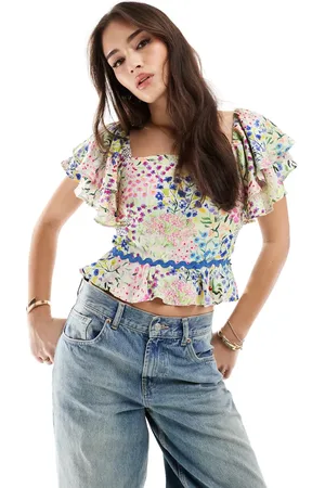 HOPE & IVY Top multicolor con mangas fluidas, cuello cuadrado y sobrefalda de -Verde