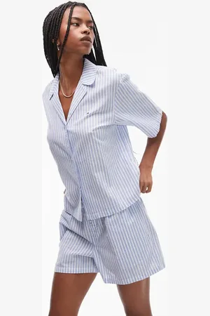 Tommy Hilfiger Pijama azul a rayas de pantalones cortos y camisa de manga corta de mezcla de lino de