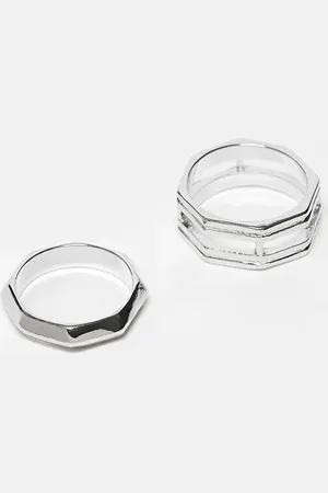 ASOS Pack de 2 anillos plateados con diseño hexagonal calado de