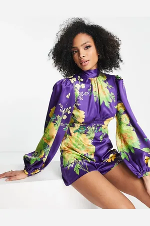 ASOS Mono corto extragrande con estampado de flores silvestres y mangas abullonadas de satén de -Multicolor