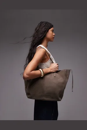 MANGO Bolso tote de hombro claro de ante de