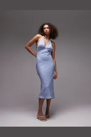 Emory Park Vestido midi azul a cuadros con cuello halter de