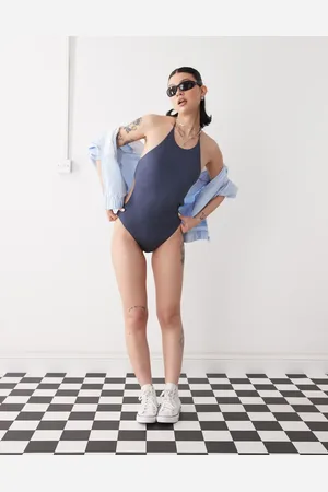 Weekday Bañador azul marino empolvado brillante con cuello halter y espalda descubierta y lazada de