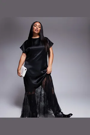 ASOS Vestido largo estilo camiseta de mezcla de satén y encaje de ASOS DESIGN Curve