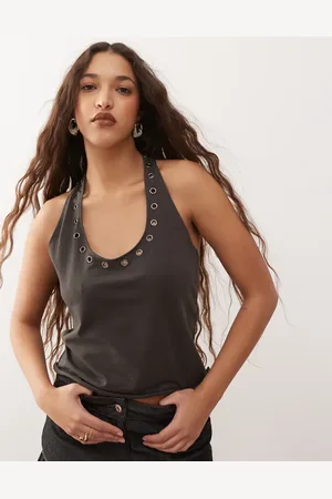Weekday Top negro desgastado de cuello halter con detalle de ojales de