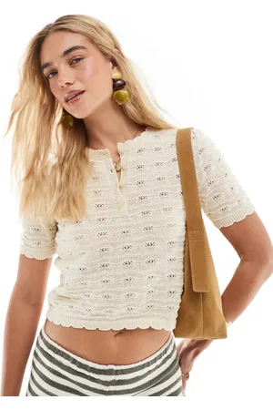 VERO MODA Top color crema de manga corta con botones de croché de -Blanco