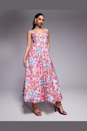 Bardot Vestido midi rosa con estampado floral y diseño estilo corsé de