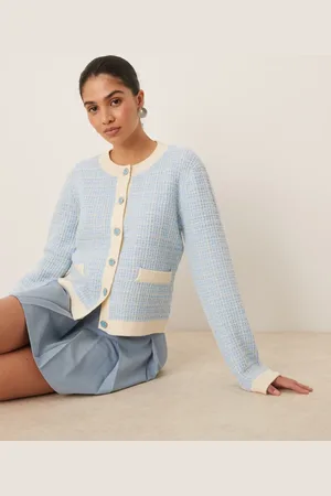 Y.A.S Cárdigan color crema y azul cielo a cuadros de punto de bouclé de -Blanco
